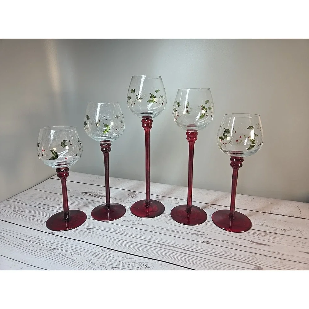 PFALTZGRAFF Set of 5 Hurricane Red Stem Candle‎ Votive Holders WINTERBERRY